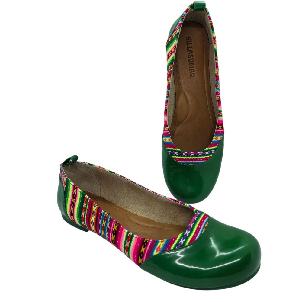 Killasumaq by Aida‎ Stenholm Green Patent Woven Textile Ballet Flats Size 7